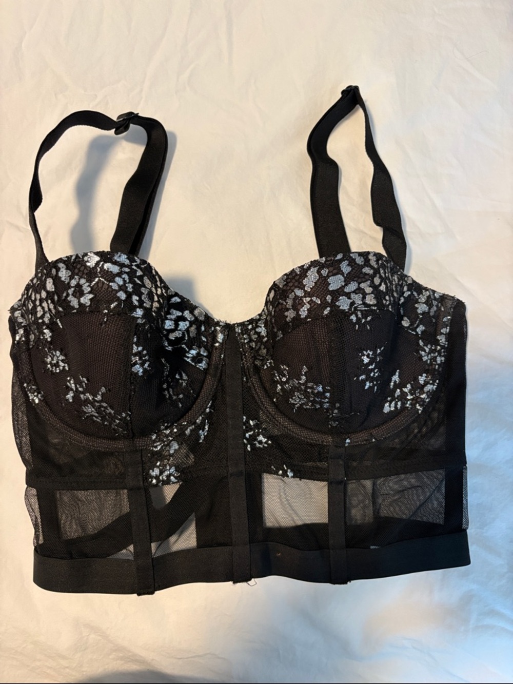 Victoria's Secret Black Longline Bustier Bra with Silver Floral Detail